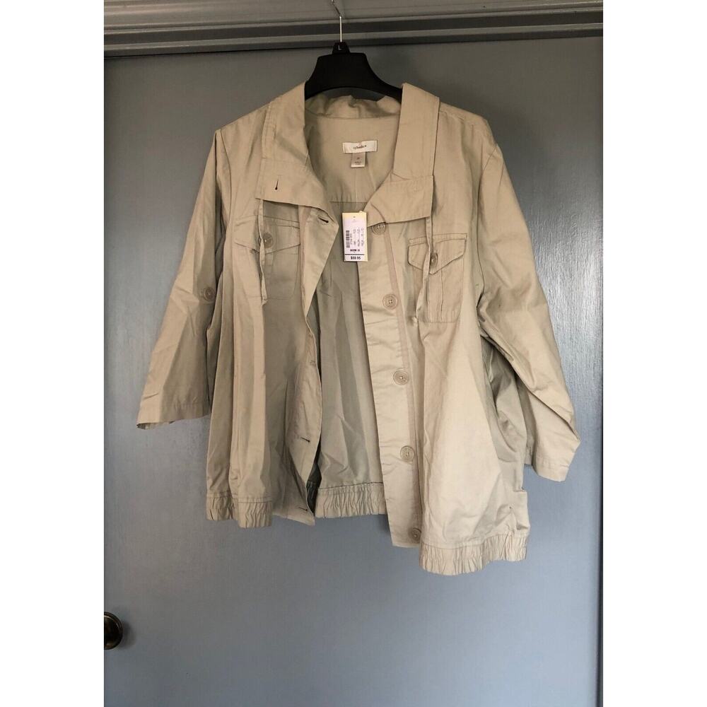 NWT CJ Banks 2x unlined khaki jacket 3/4 sleeve button front pockets 100% cotton